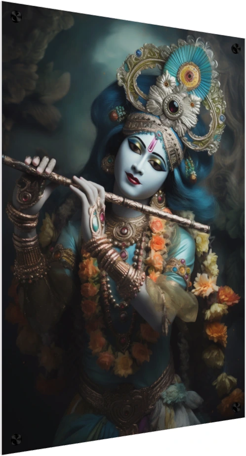 Ethereal Blue Krishna Playing Flute Canvas wall art print — acrylic preview | PrintPosters.in